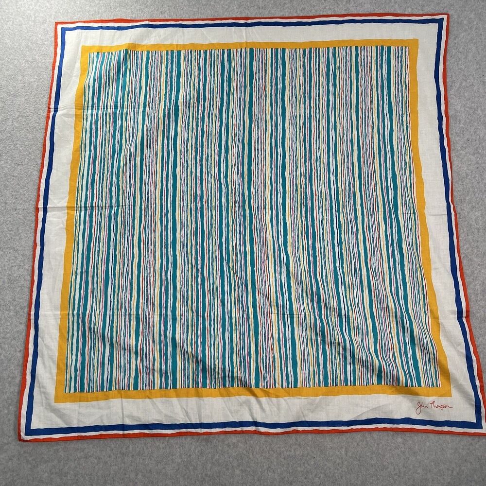 JIM THOMPSON Twill Silk Scarf green Multi Color Stripe Hand Rolled Trim 33” VTG